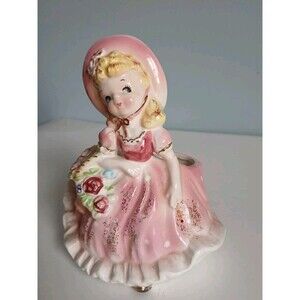 Vtg 1950s Ceramic Southern Belle Ruffled Bottom  Figurine Planter Head Vase Pink